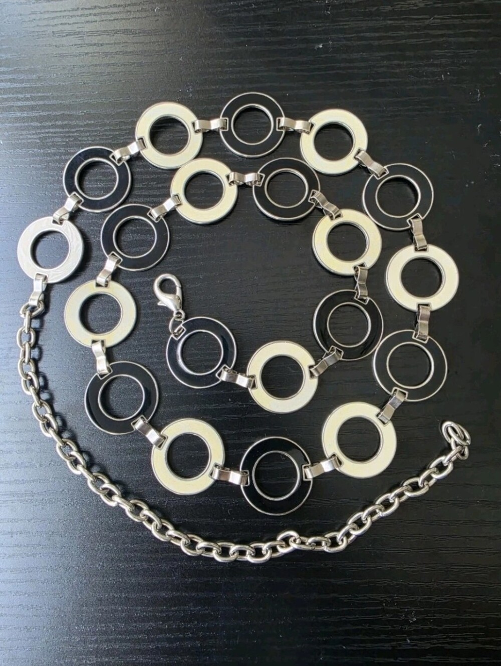 Vtg Black Cream Ivory Enamel Circle Link Chain Belt Silver Tone 44" Adjustable